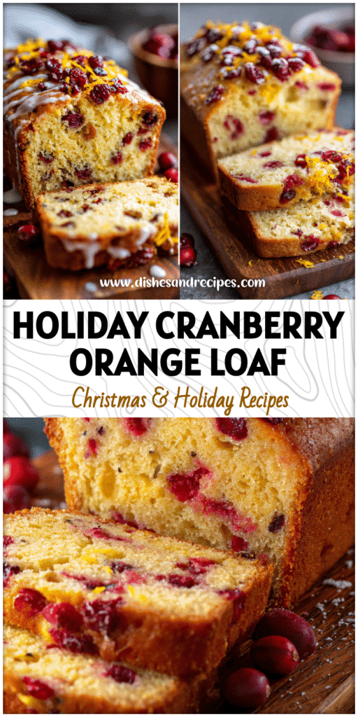 Loaf of Cran Orange Bread topped with orange zest and cranberries on a wooden board for holiday baking.